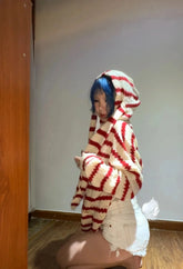 Japanese Y2k Hooded Cardigan 2000s Aesthetics Rabbit Ears Zipper Knitwear Vintage Harajuku Red Stripe Sweater Grunge